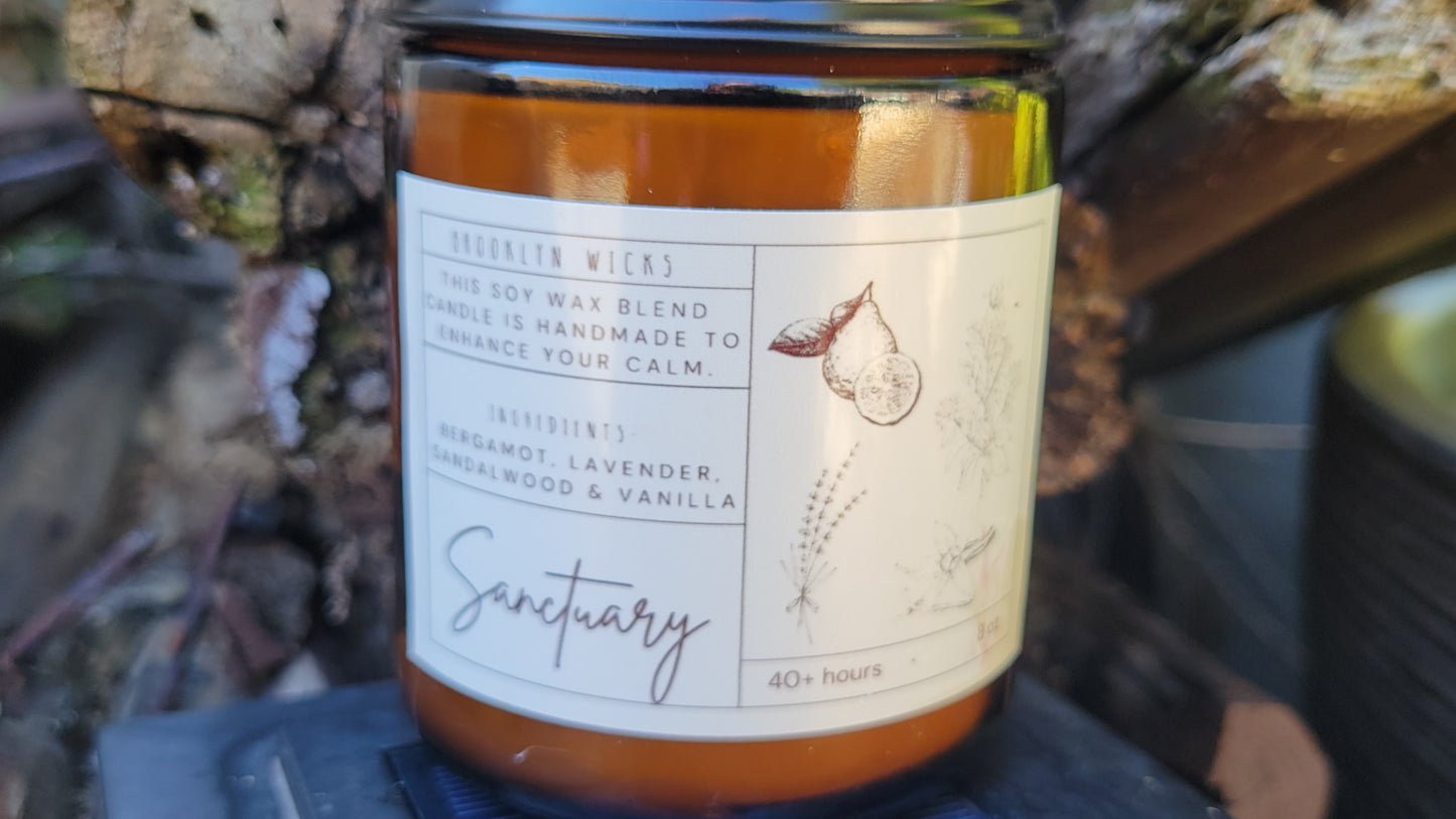 Sanctuary Scented Candle – 8oz Amber Jar | Lavender, Bergamot, Sandalwood & Vanilla