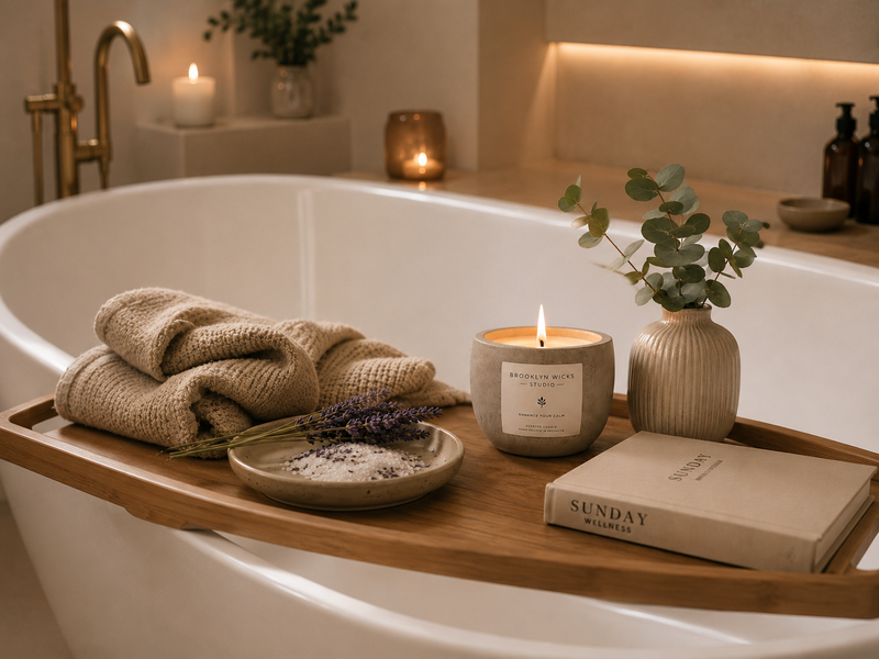 Lit candle with lavender, soft blanket, and cozy self-care setting for relaxation.