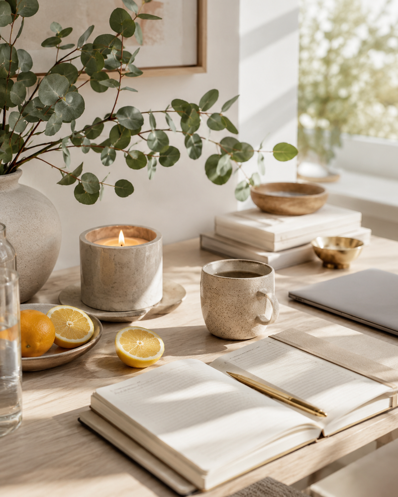 Minimal workspace with candle, citrus, eucalyptus, notebook, and morning light.