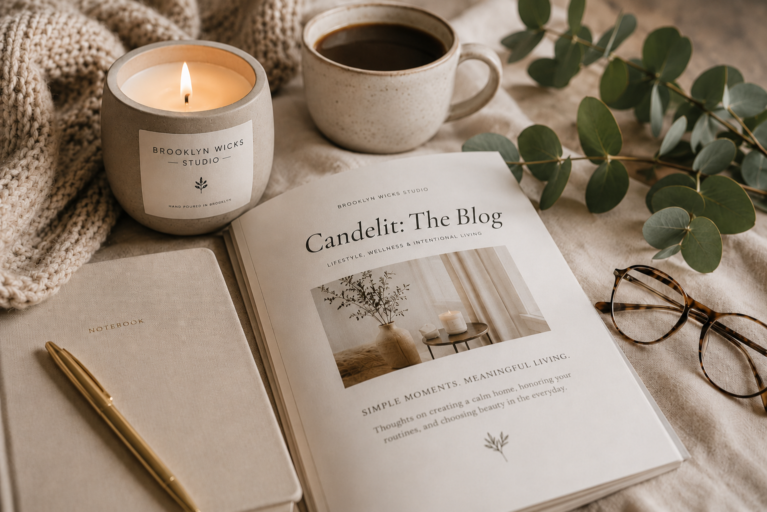 Brooklyn Wicks Studio candle, notebook, coffee, and blog magazine styled for intentional living.