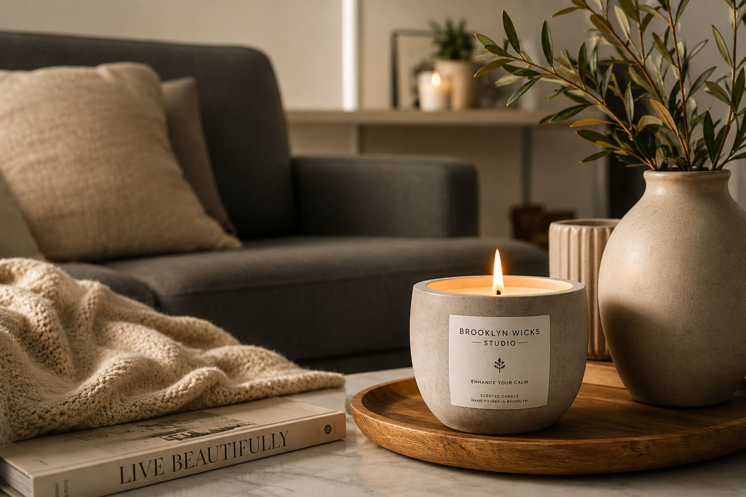 Brooklyn Wicks Studio candle styled in a warm neutral living room for calm home fragrance.